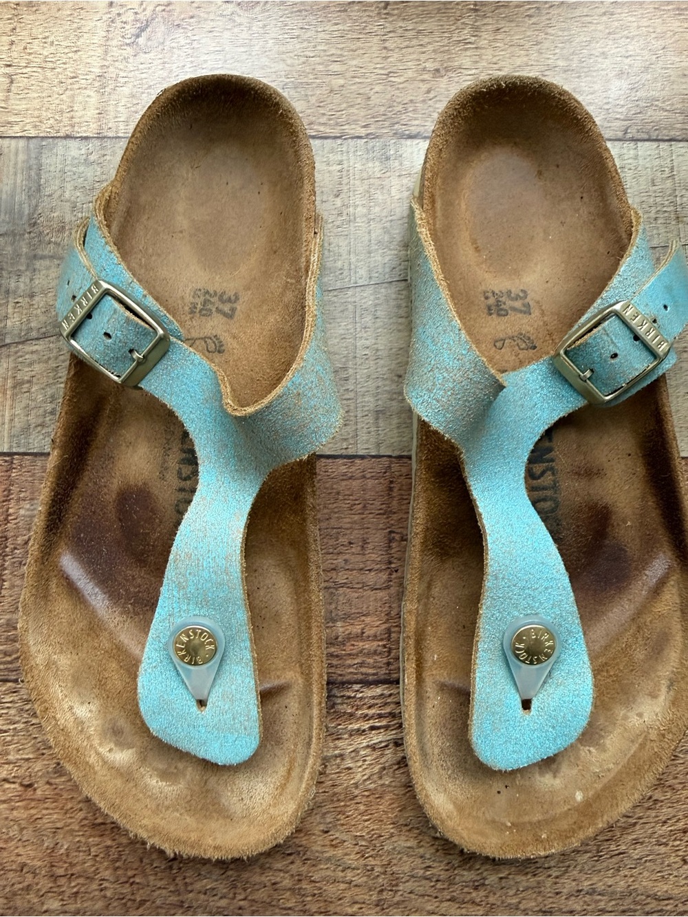 Birkenstock Gizeh Sandals Washed Metallic Aqua Leather Thong Cork Footbed 37